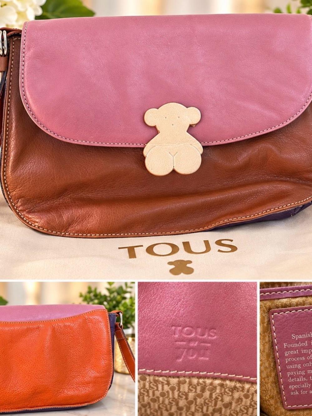 TOUS Pink Flap & Brown Body Leather Crossbody with Beige Bear Clasp